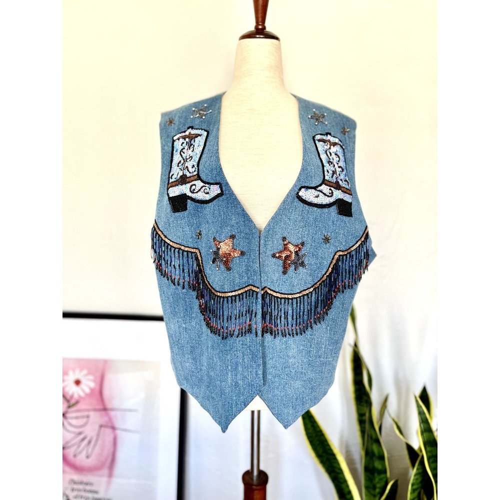 Vintage Beaded Denim Cowgirl Vest